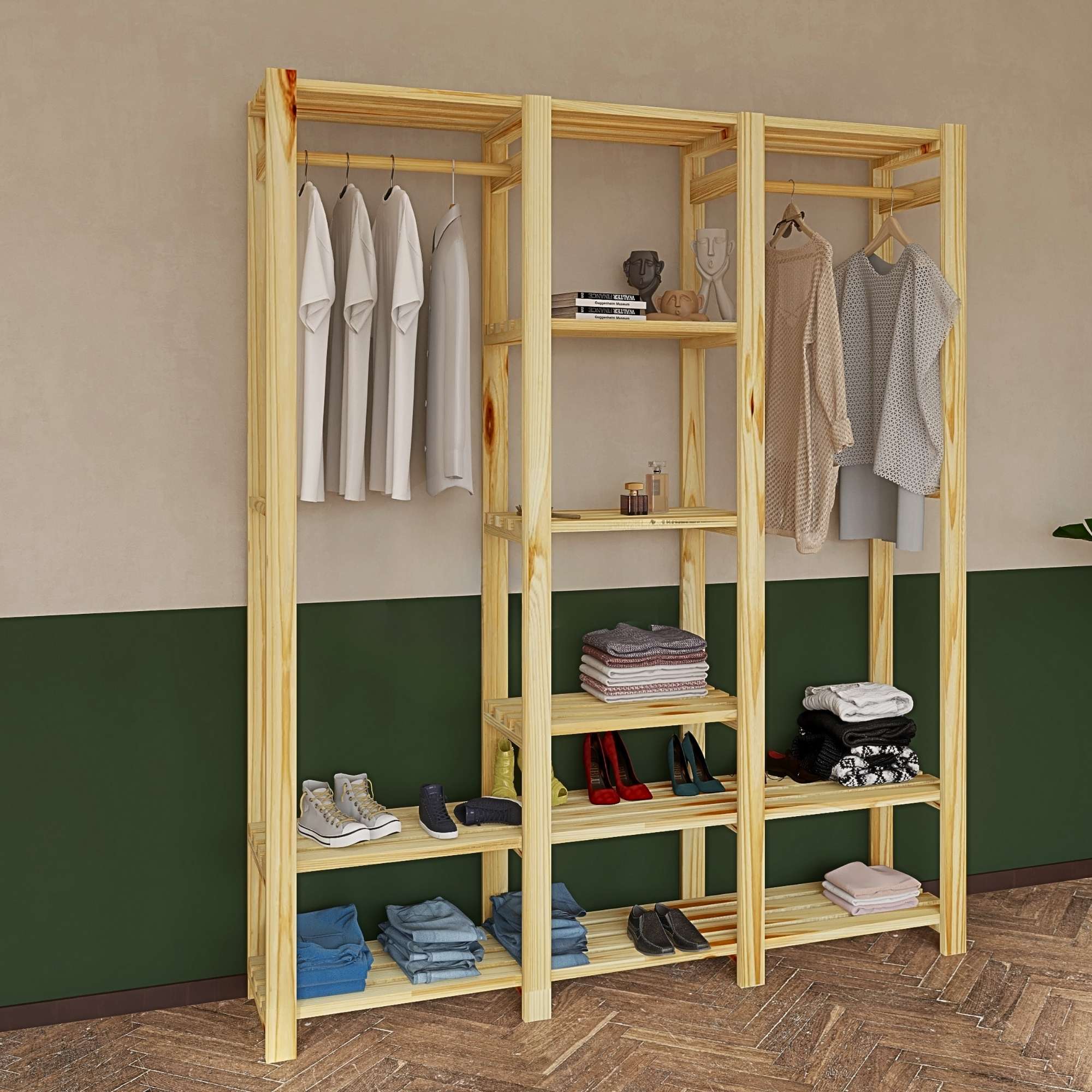 arara de roupas com sapateira e prateleiras