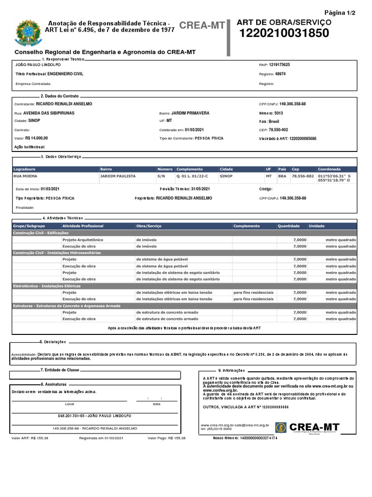 custo da art para reforma