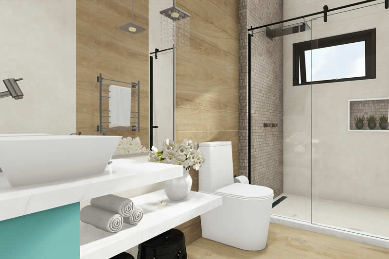 banheiro bege com revestimento 3d na parede do chuveiro 2