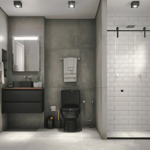 banheiro com decoracao industrial com pintura preta fosca