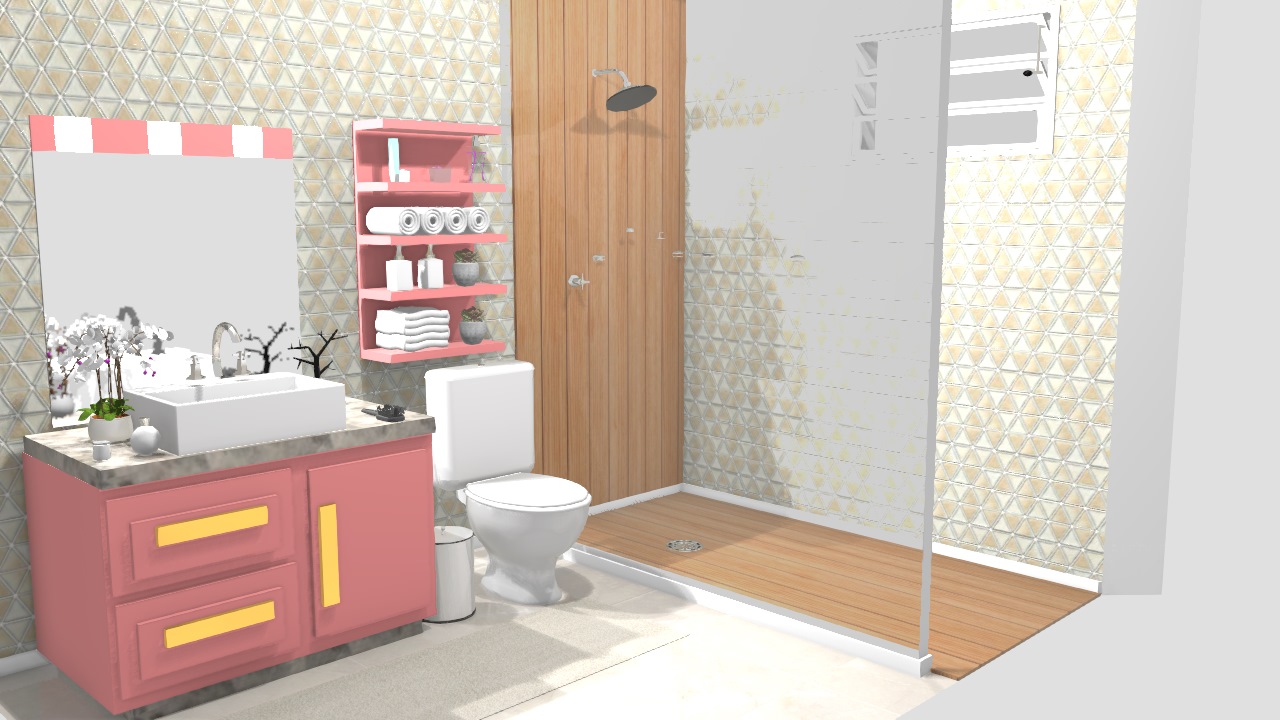 banheiro com detalhes em madeira