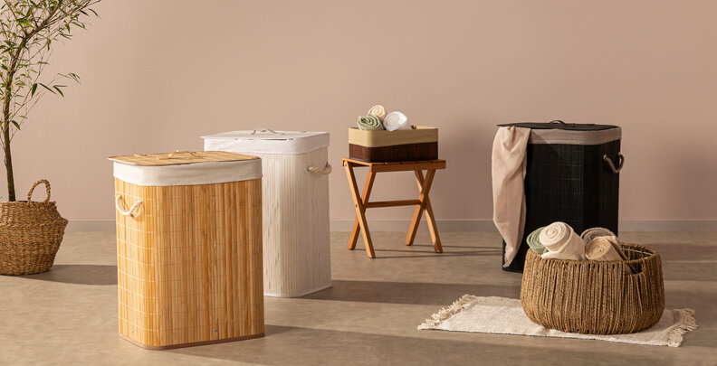 cesto de roupa suja em bambu decorativo