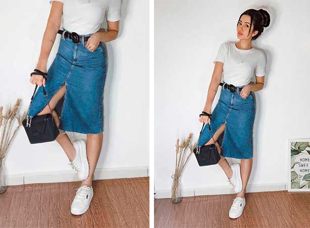 como combinar saia midi com tênis para um look moderno