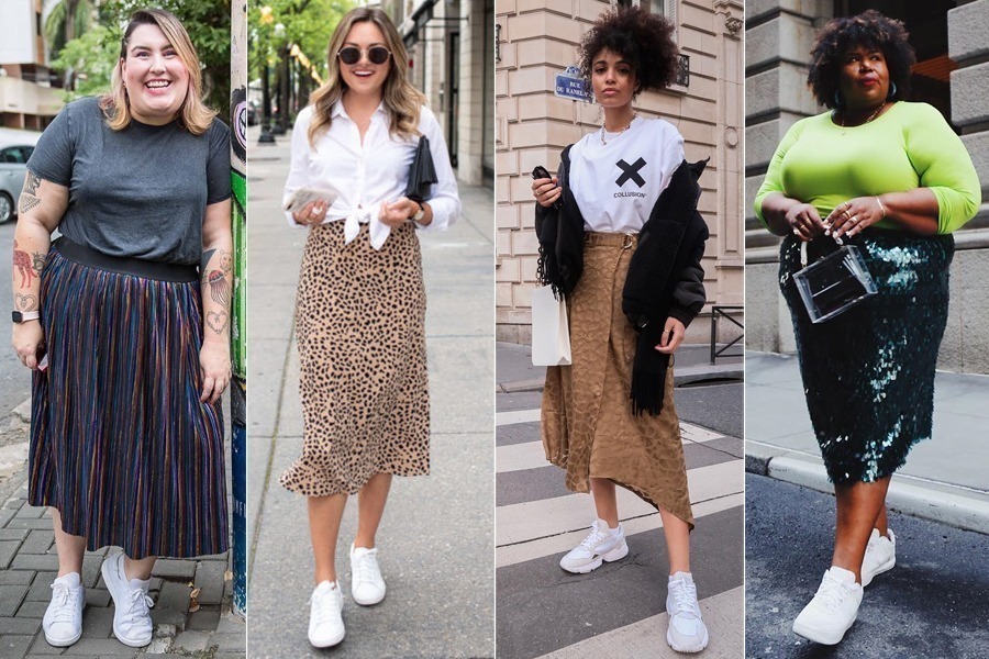 tenis slim ou chunky com saia midi