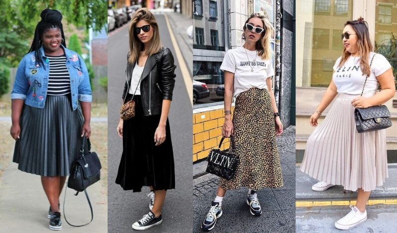 ideias de looks saia midi com tenis