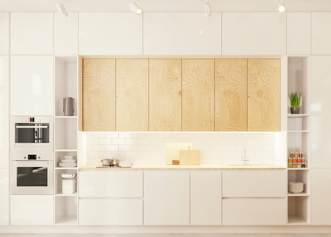 combinação branco e madeira na cozinha moderna