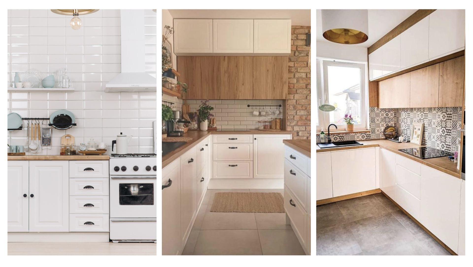 cozinha com armários brancos e bancada de madeira