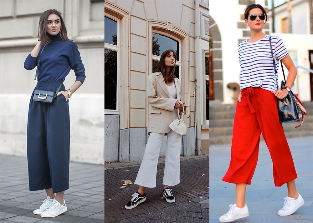 Looks monocromáticos com calça pantalona e tênis para baixinhas
