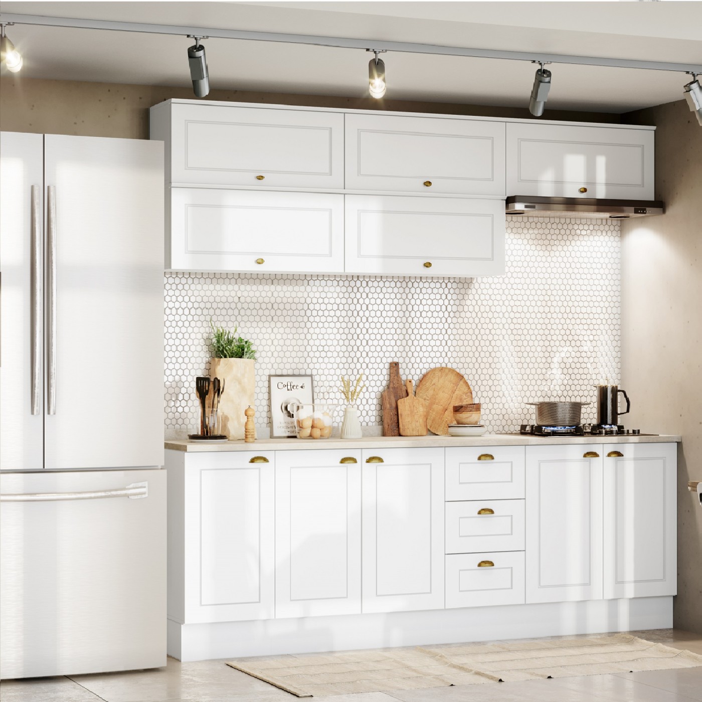 cozinha americana branca pequena e integrada