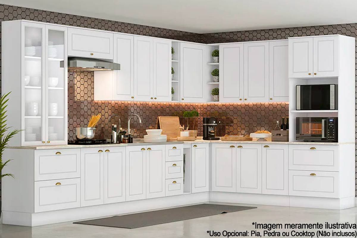 cozinha americana branca pequena e integrada