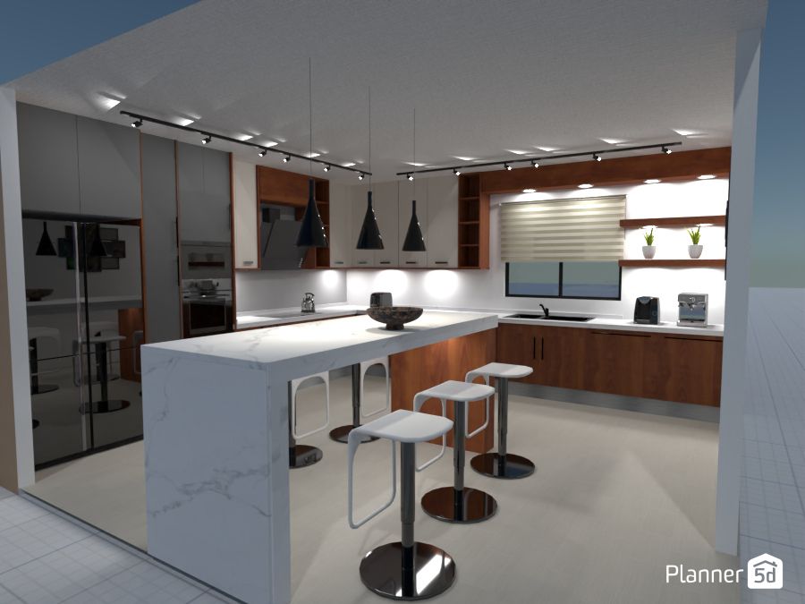 cozinha com ilha central e mesa de jantar