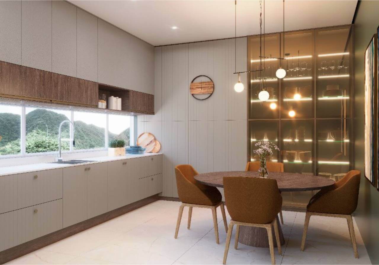 cozinha planejada com mesa para apartamento pequeno