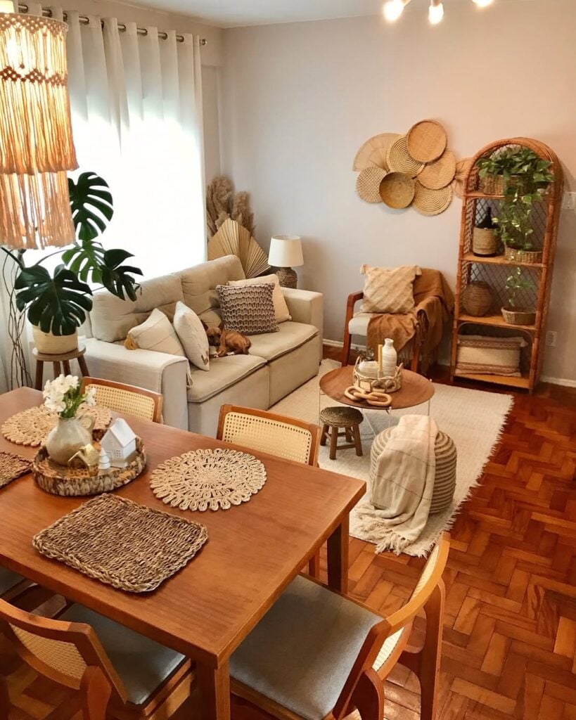 decoração boho sala de estar 2026