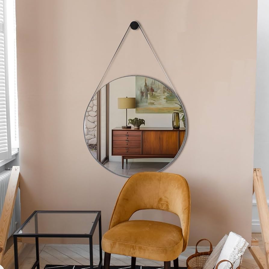 espelho redondo com alça de couro