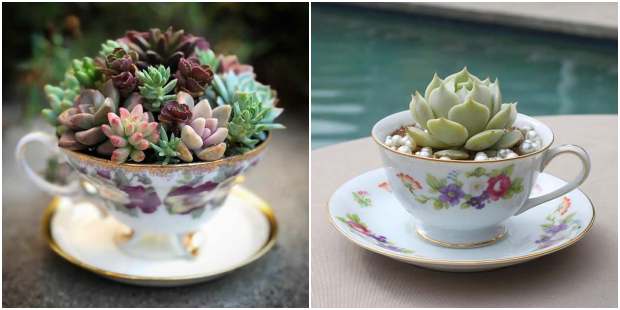 decoracao com xicaras no jardim