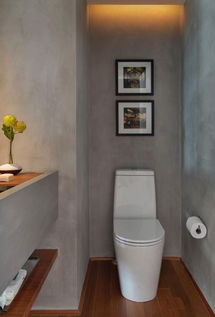 bancada madeira ripada banheiro cimento queimado