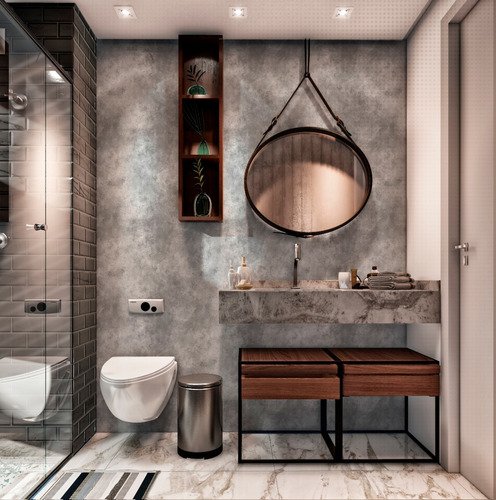 bancada madeira ripada banheiro cimento queimado