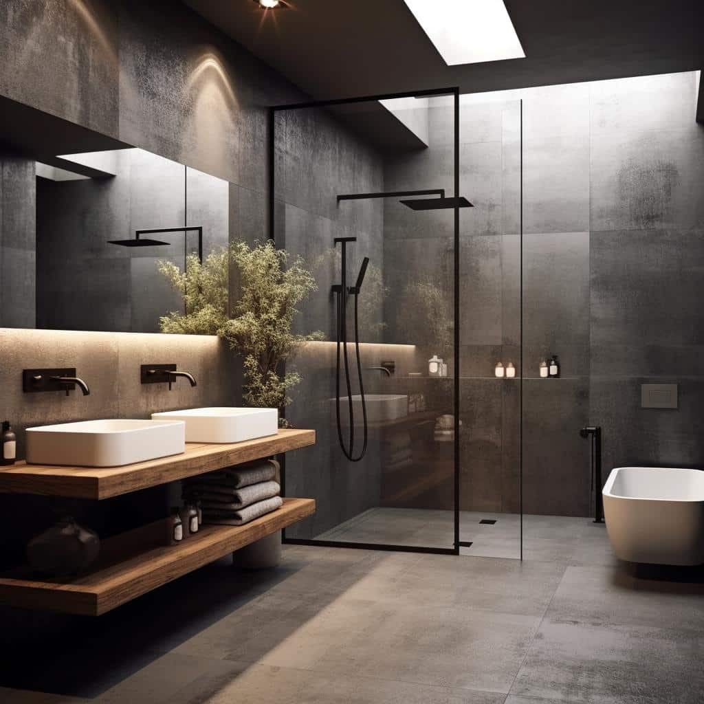 decoracao de banheiro cimento queimado com madeira