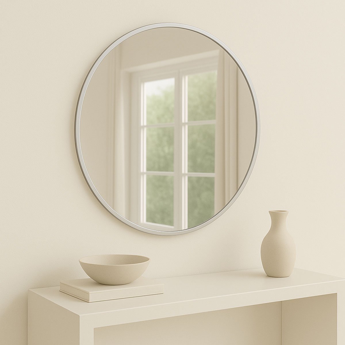 decoracao de banheiro com espelho redondo