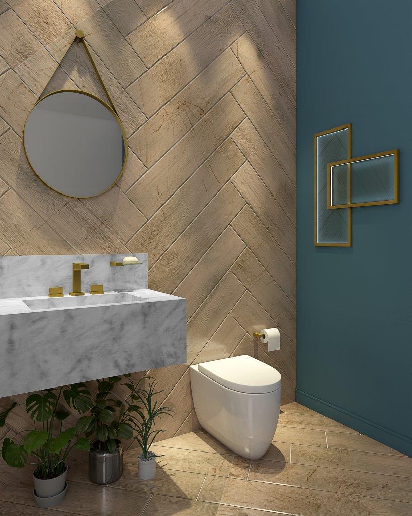 decoração banheiro dourado fosco