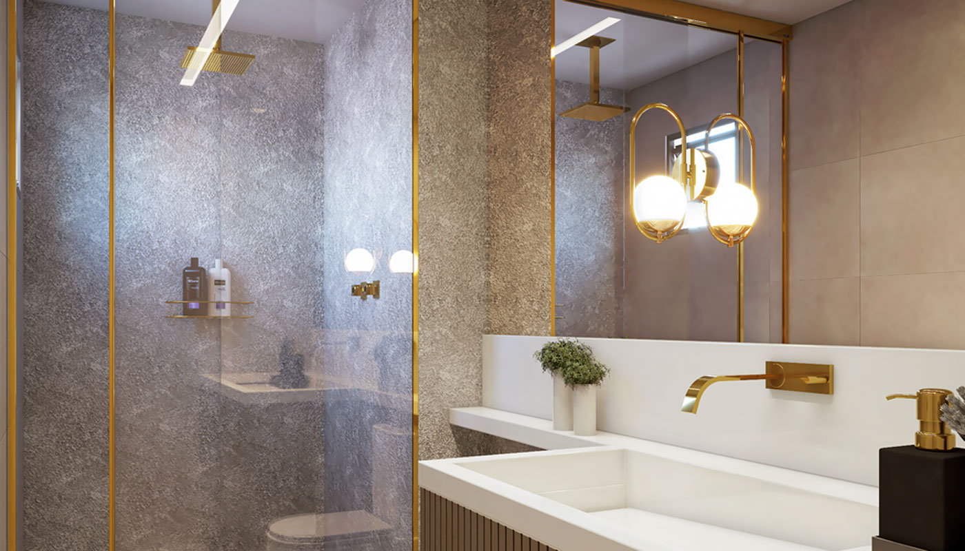 acabamentos dourados para banheiro moderno