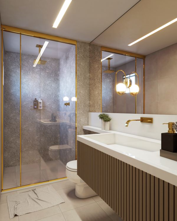 acabamentos dourados para banheiro moderno