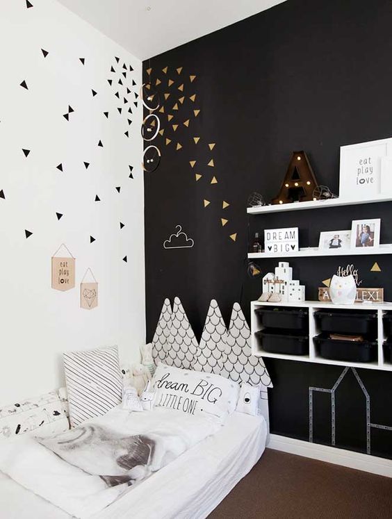 decoração quarto preto e branco minimalista