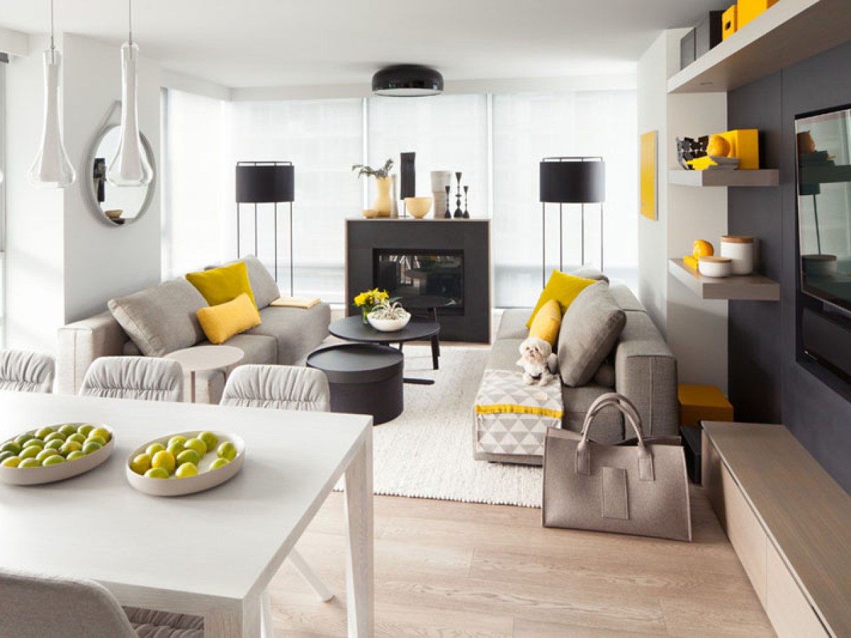 decoracao de sala cinza e amarelo