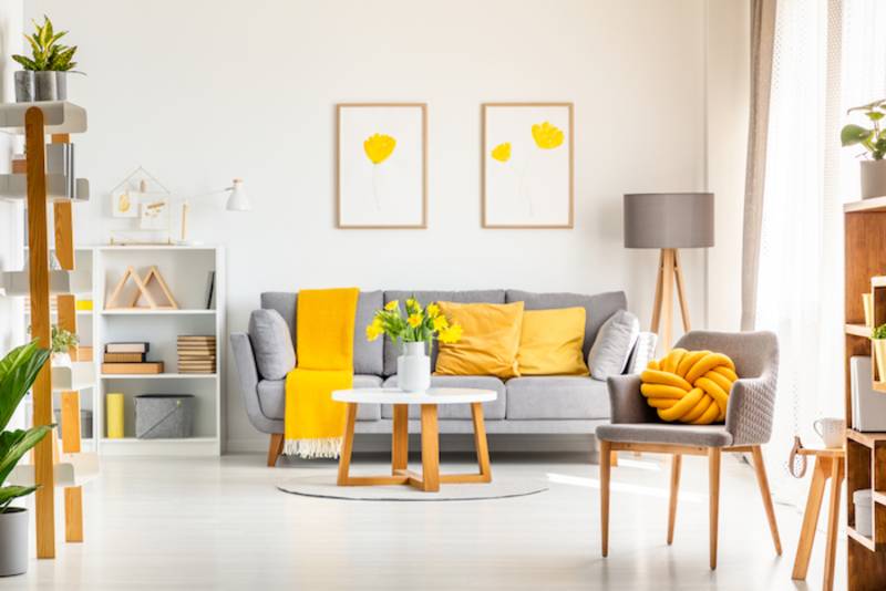 ideias decoração sala cinza e amarelo