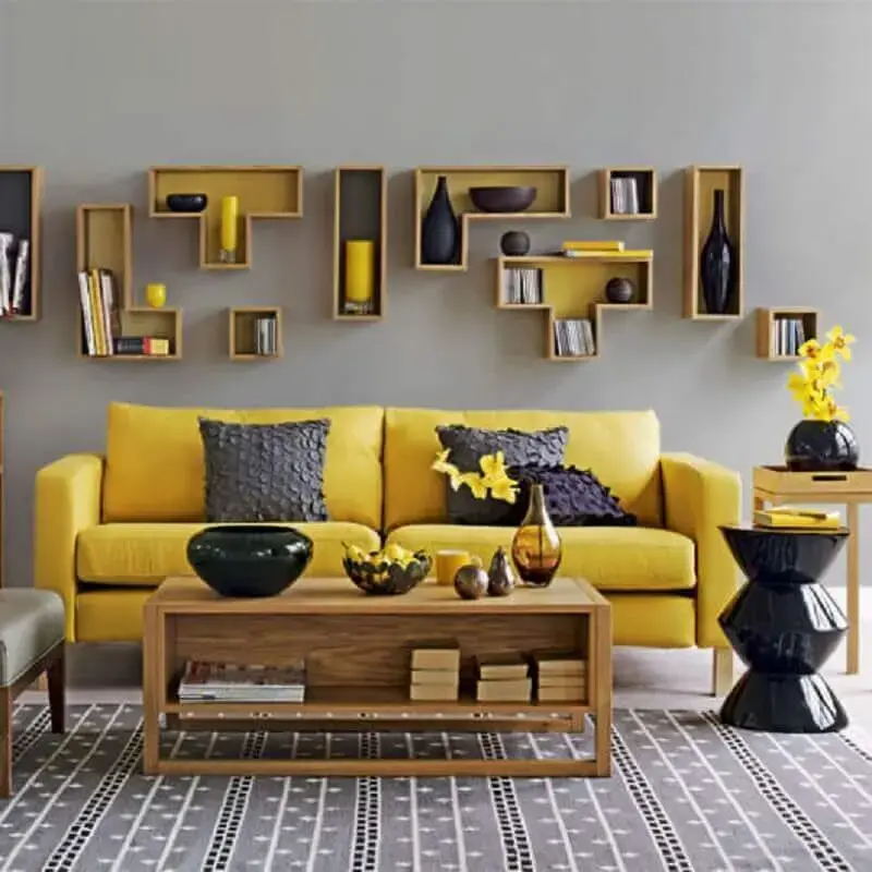 decoracao de sala cinza e amarelo