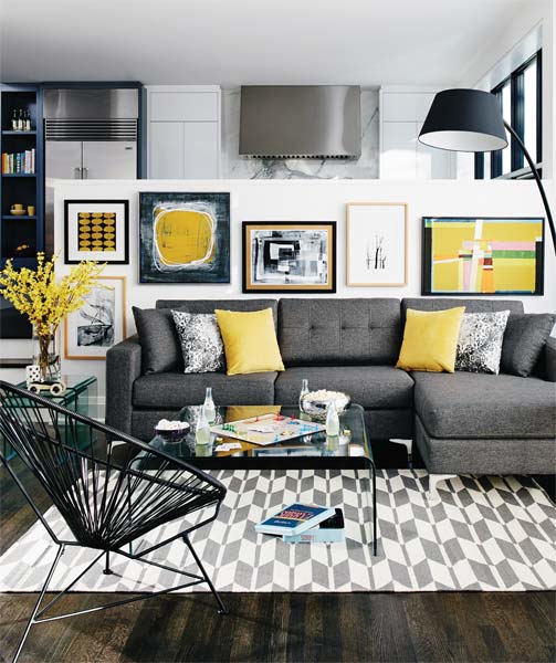 como usar cinza e amarelo na sala