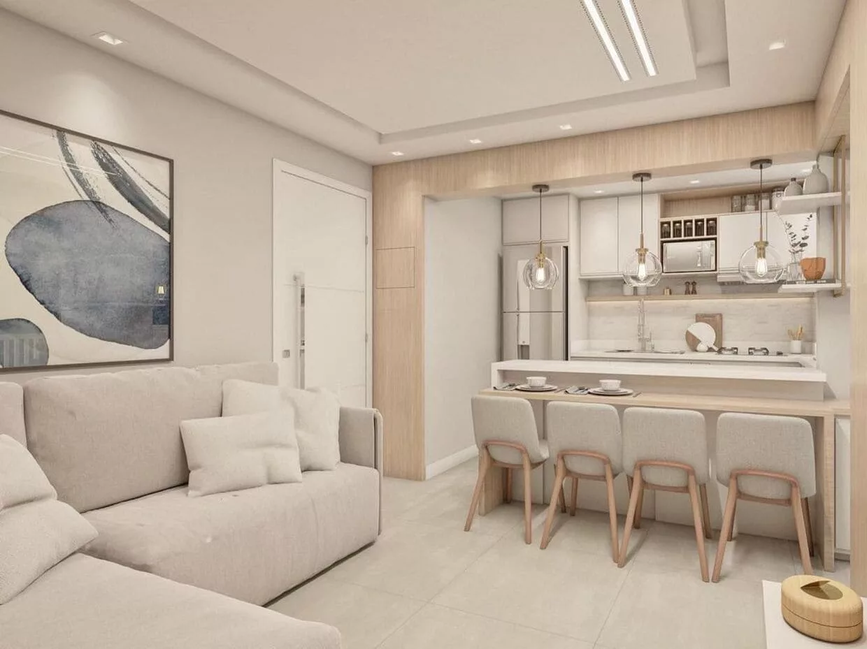 ideias de decoração para sala com cozinha americana pequena