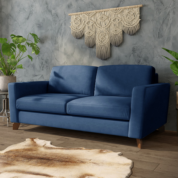 decoracao de sala com sofa azul