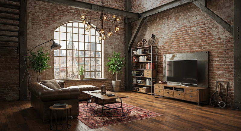 móveis de metal e madeira estilo industrial