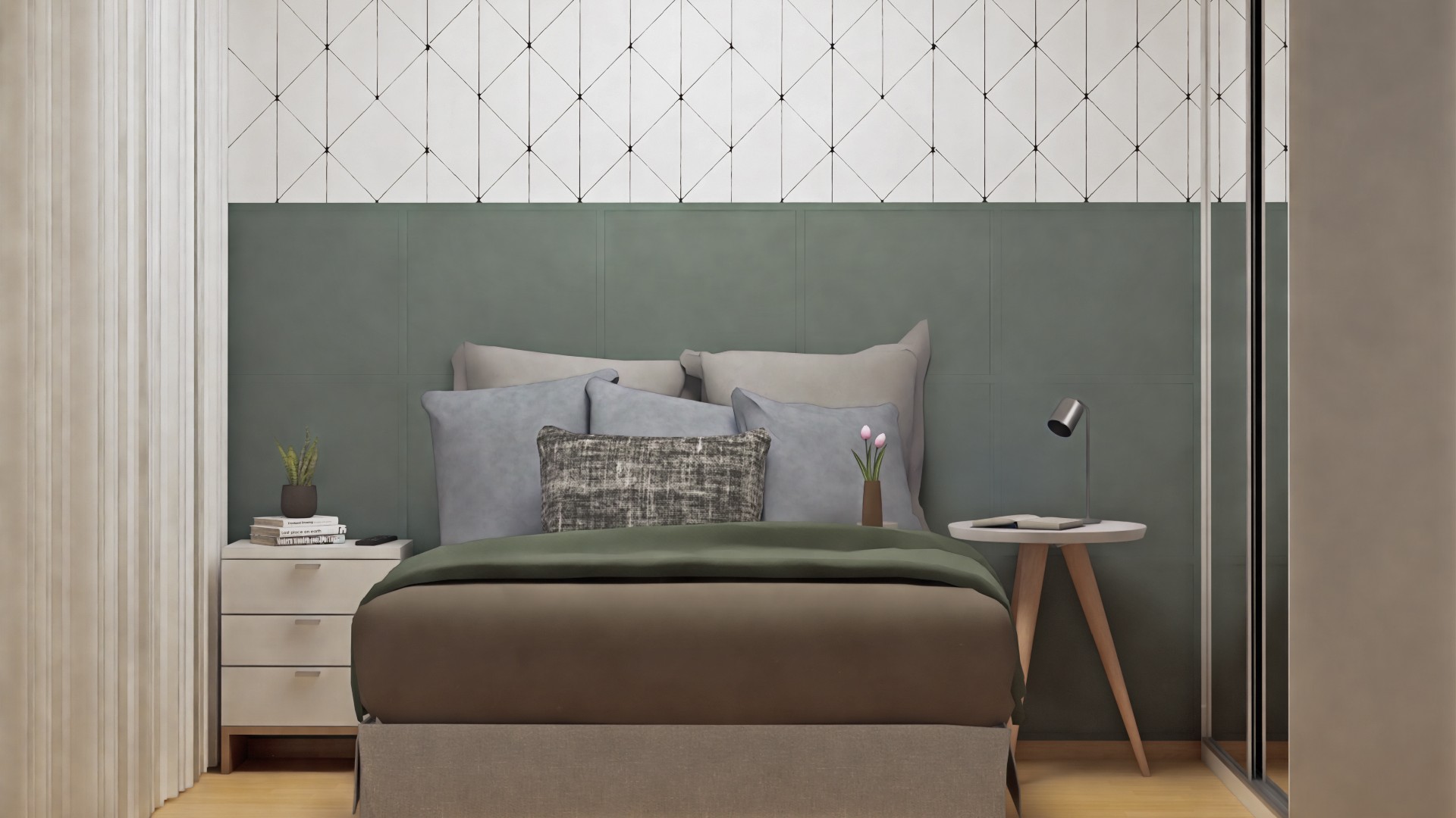 ideias de quarto casal cinza moderno com toques de cor