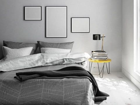 ideias de quarto casal cinza moderno com toques de cor