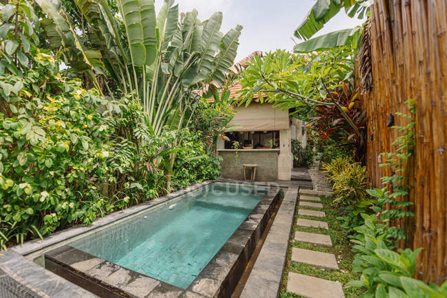 ideias de paisagismo tropical para jardins pequenos com piscina