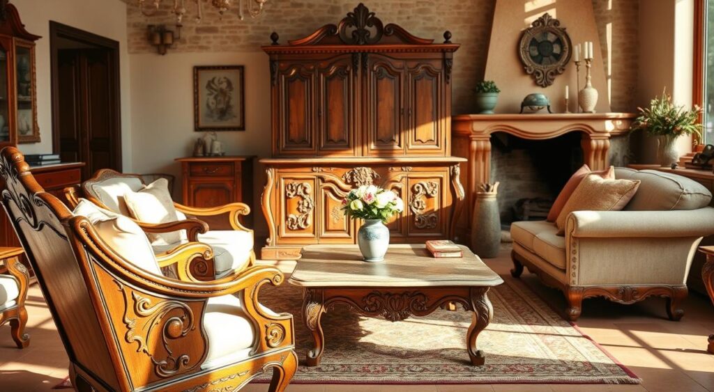 peças de mobiliário com acabamento envelhecido