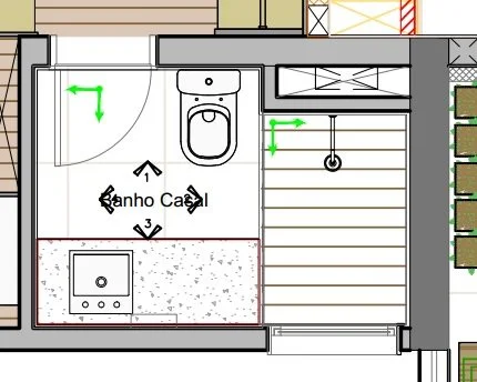 distribuição ideal chuveiro lavatório vaso banheiro 4m2