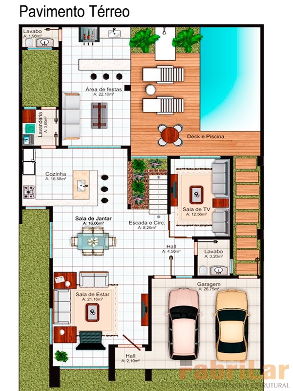 Integração de ambientes com pé direito duplo e grandes vãos