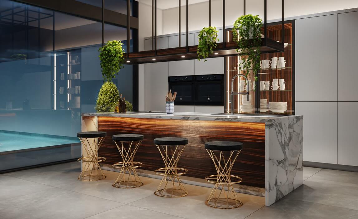 reforma de cozinha americana com balcao e banquetas altas