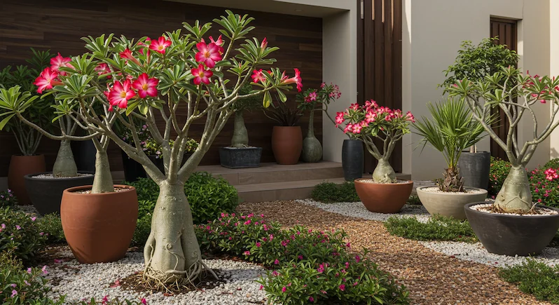 rosa do deserto ou zamioculca para jardim de inverno