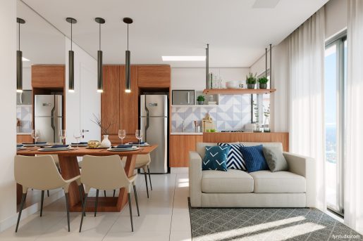 sala de estar com cozinha integrada