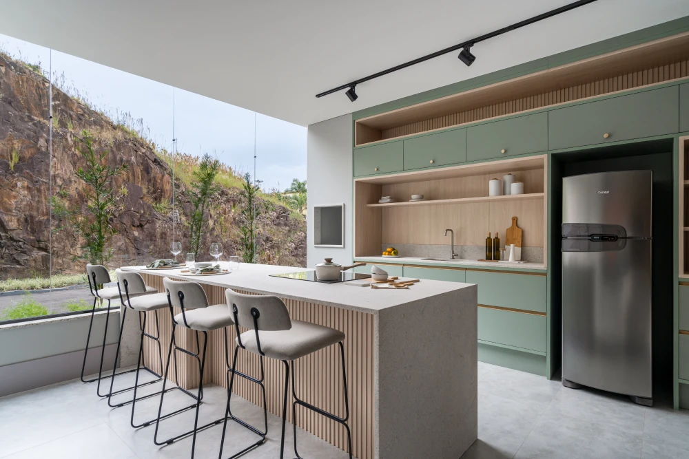 sala de estar com cozinha integrada