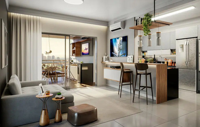 sala de estar com cozinha integrada