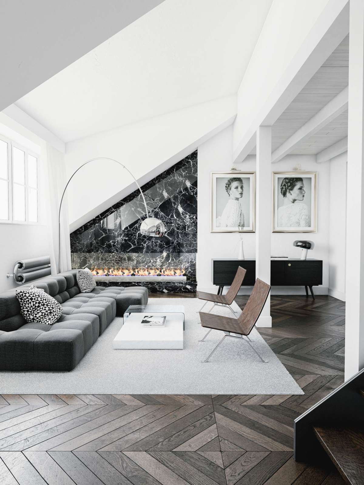 sala de estar preta e branca