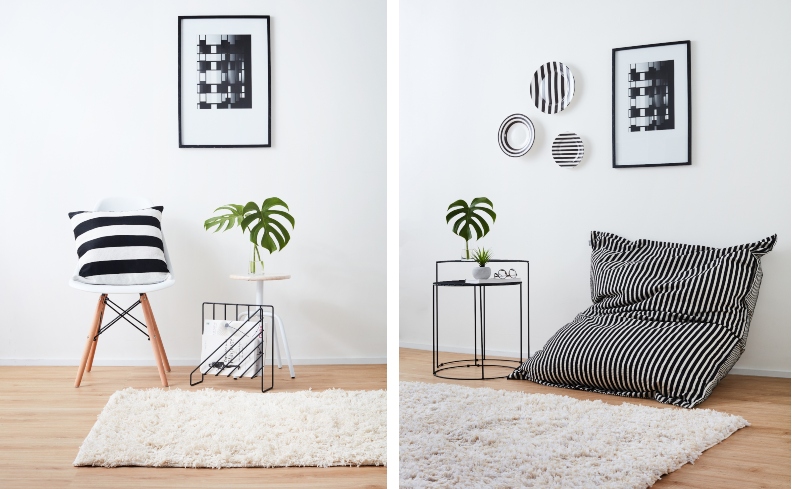 sala de estar preta e branca