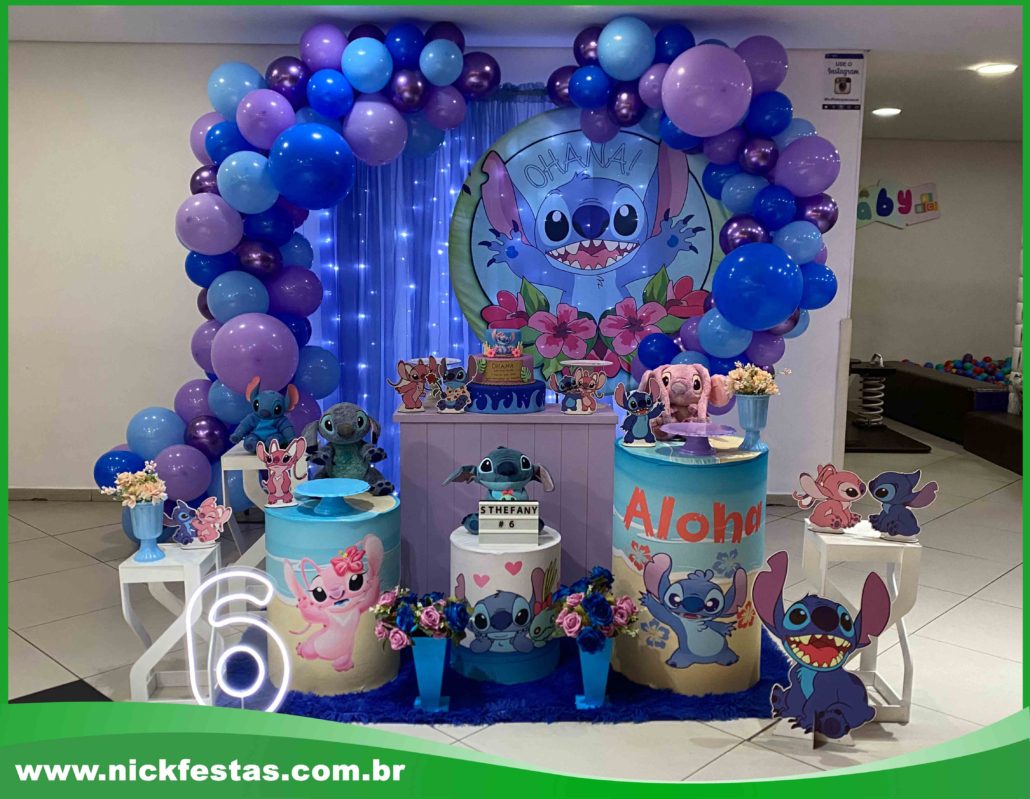 elementos de decoração Stitch azul e rosa