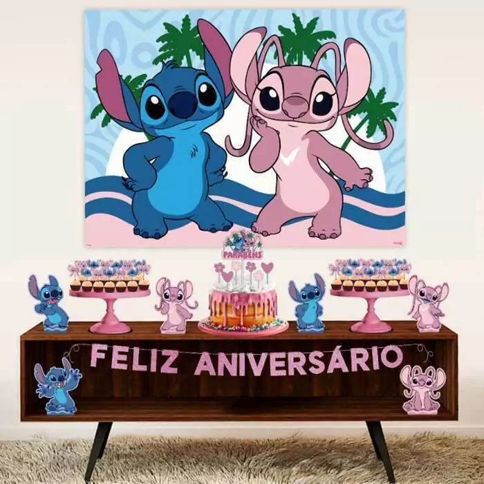 elementos de decoração Stitch azul e rosa