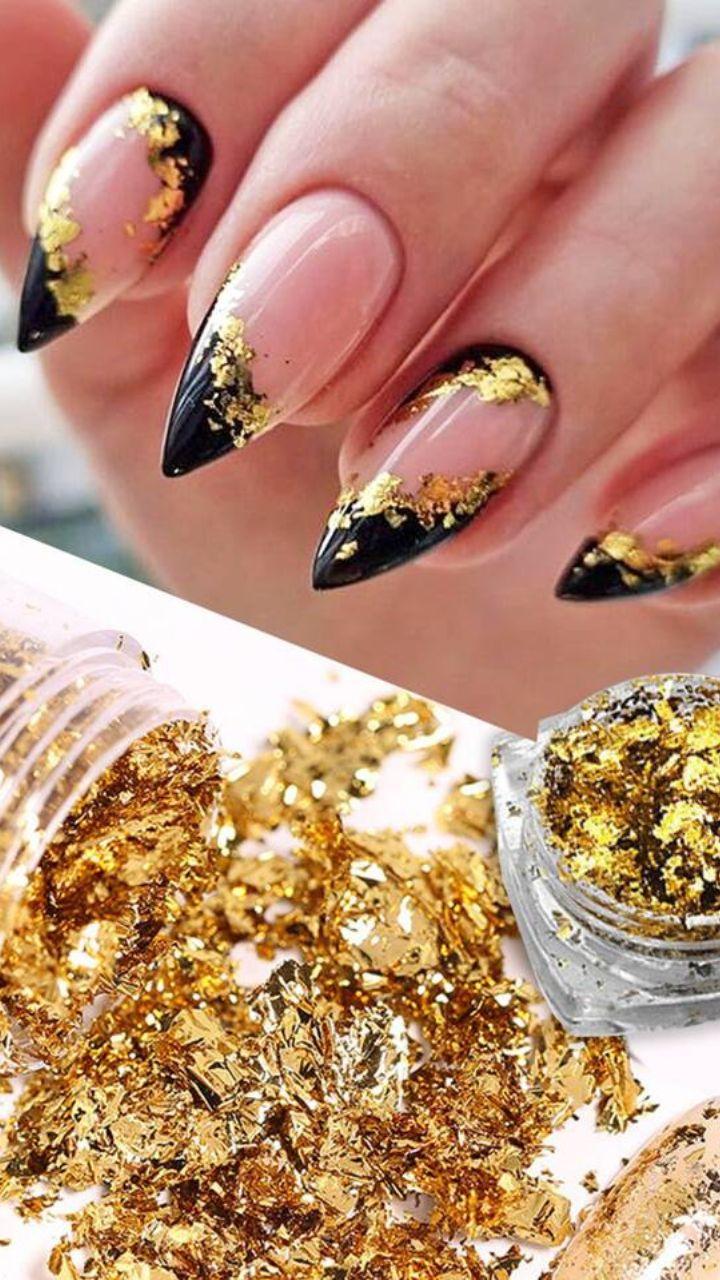 unhas decoradas com folha de ouro